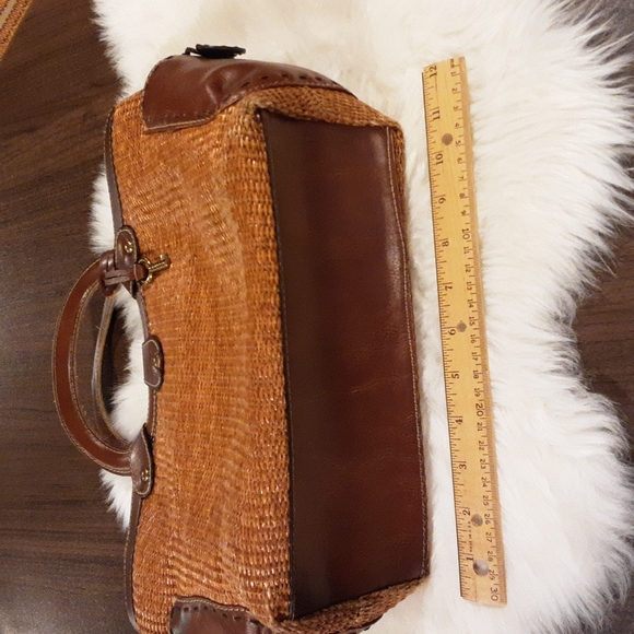 Fossil Vintage Brown Woven Straw Triple Compartment Satchel Purse Bag - Picture 6 of 7